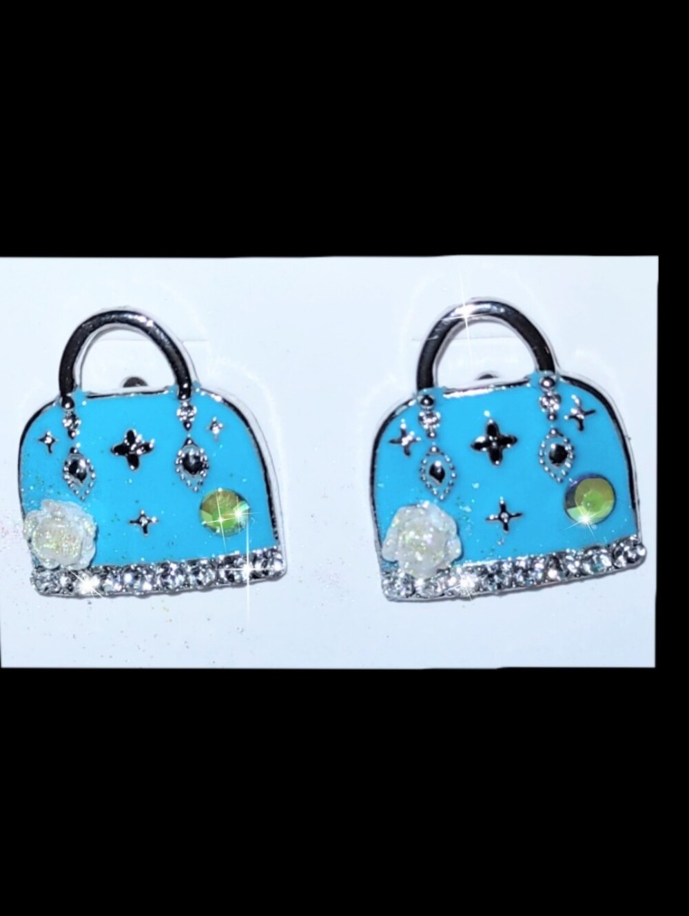 Handbag Floral Pearl Embellished Earrings Choice Of Pink or Blue